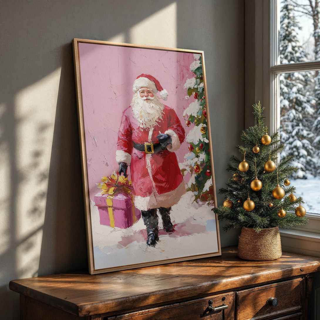 Framed Wall Art: Santa Claus oil painting in pink and red palette. Perfect Christmas decor, adding festive cheer to any space.