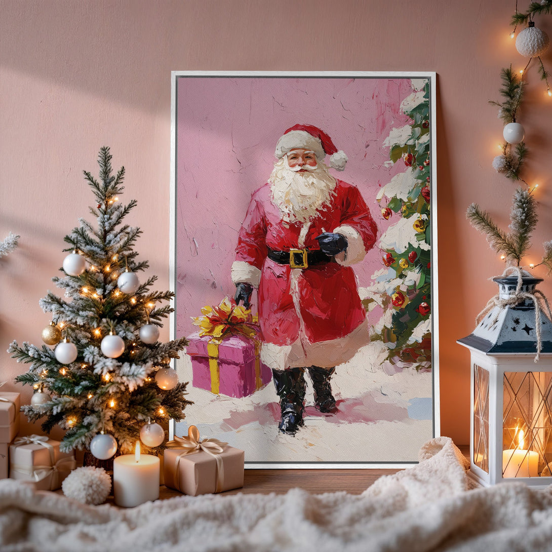 Framed Wall Art: Festive Santa Claus oil painting in red & pink hues. Perfect Christmas decor for a cozy, stylish home. Shop now!