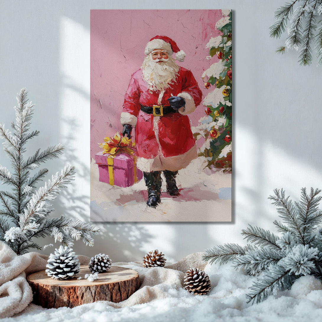 Framed Wall Art: Santa Claus painting in a festive interior. Warm reds, pinks, and golds create a cozy Christmas scene. Perfect holiday decor!