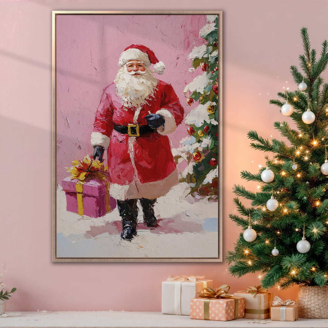 Framed Wall Art: Santa Claus oil painting with a pink background. Festive Christmas decor in a warm, inviting color palette. Perfect holiday gift.