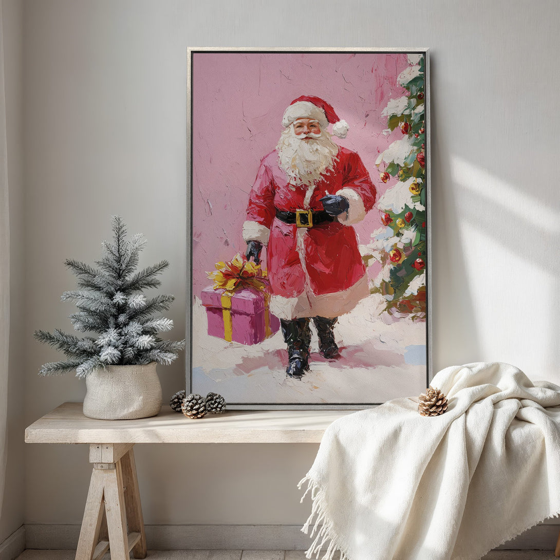 Framed Wall Art: Santa Claus oil painting with a pink background, vibrant red and white palette. Perfect Christmas decor for your home.