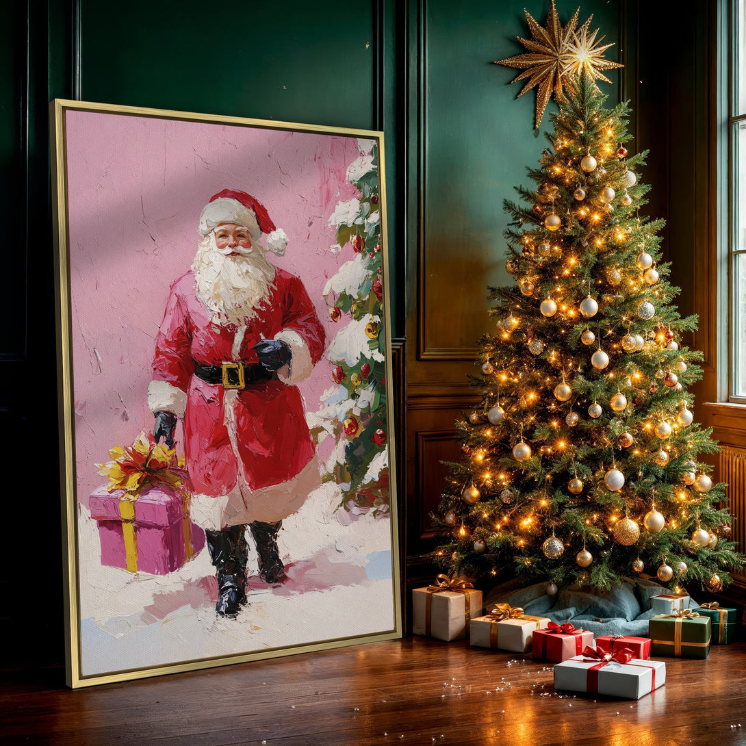 Canvas Print featuring Santa Claus in a festive, impressionistic style. Rich red, pink, and white color palette, perfect for Christmas decor.