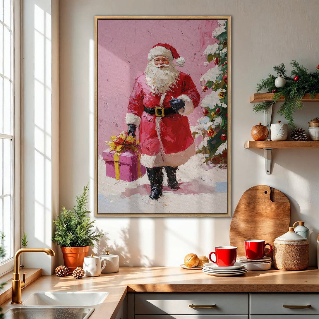 Framed Wall Art: Santa Claus painting in a festive interior. Features a red and pink color palette with a textured, impressionistic style for holiday decor.