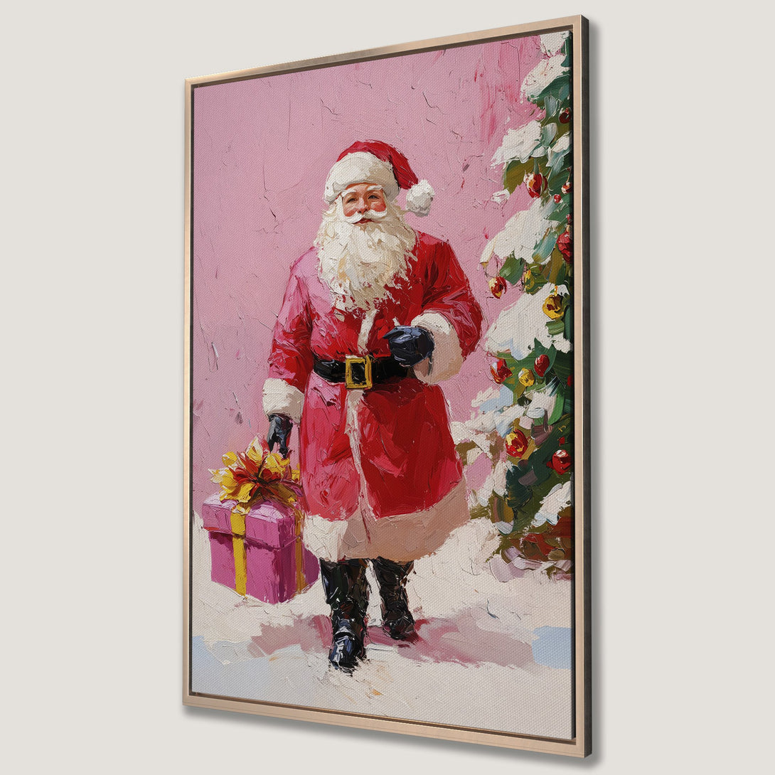 Framed Wall Art featuring Santa Claus with a gift, painted in a textured, impressionistic style. Rich red, pink, and gold color palette for festive holiday decor.