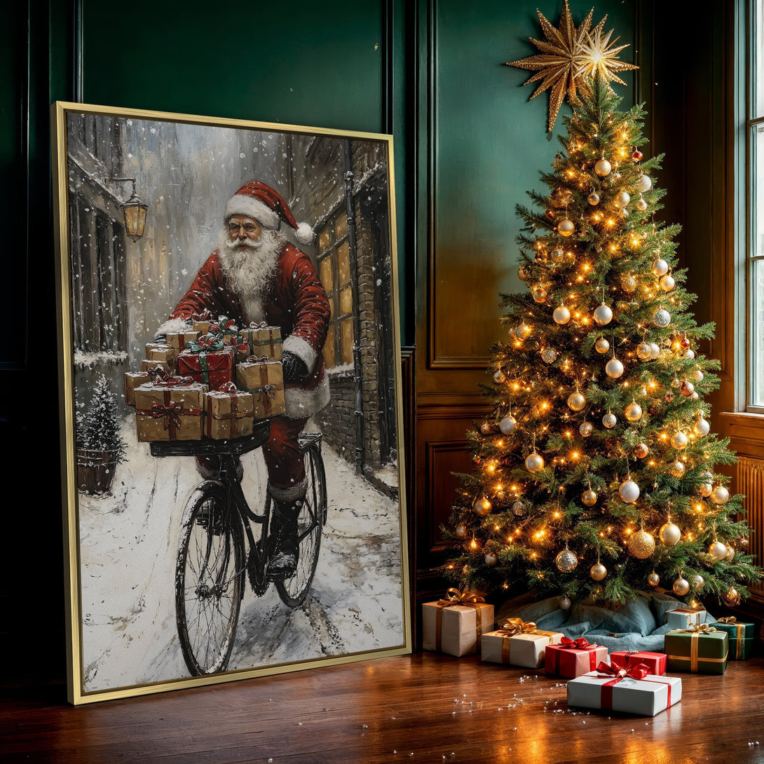 Canvas Print of Santa Claus on a bike, vintage style, warm red and muted tones. Perfect Christmas wall art!