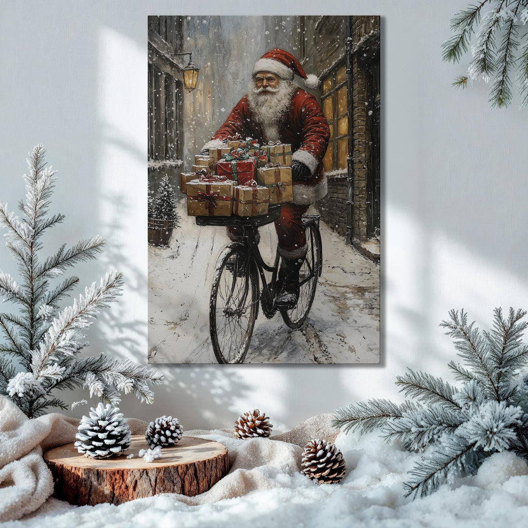 Framed Wall Art: Santa on a bicycle delivering gifts in a snowy scene. Warm, festive color palette. Perfect Christmas decor!
