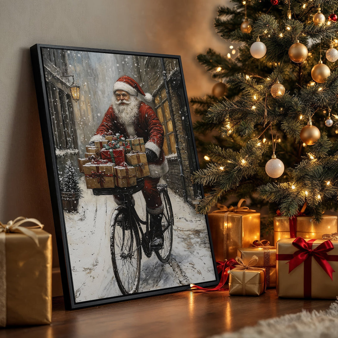 Framed Wall Art: Santa Claus on a bicycle delivering gifts in a snowy scene. Warm, inviting colors with a vintage, painterly style. Perfect Christmas decor!