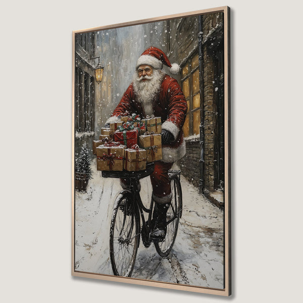 Framed Wall Art: Santa Claus on a bike, delivering gifts in a snowy street scene. Warm red, brown, and white color palette. Perfect Christmas decor!