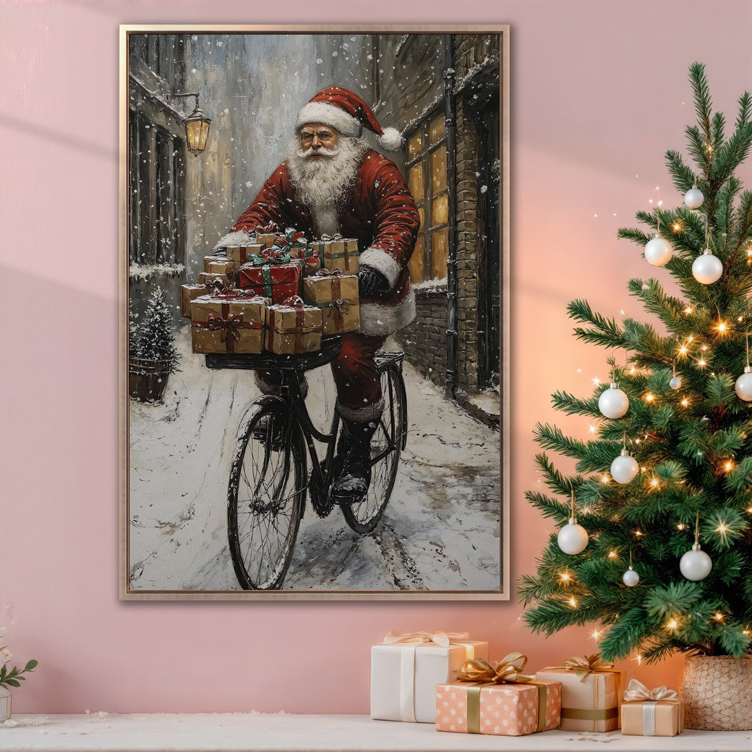 Framed Wall Art: Santa Claus on a bicycle delivering gifts in a snowy scene. Festive Christmas decor with a warm, inviting color palette. Perfect holiday art!