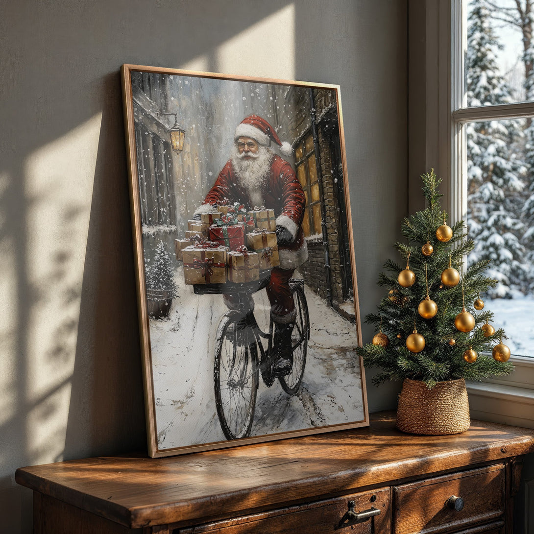 Framed Wall Art: Santa Claus on a bicycle delivering gifts in a snowy scene. Warm, vintage-style painting with red, brown, and white hues. Perfect Christmas decor!