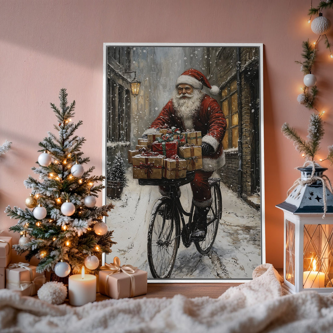Framed Wall Art: Santa Claus on a bike delivering gifts. Winter scene, warm red, and neutral tones. Perfect Christmas decor.