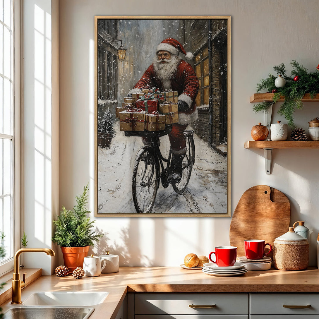 Framed Wall Art: Santa Claus on a bicycle delivering gifts in a snowy scene. Festive holiday art with a warm, inviting color palette.