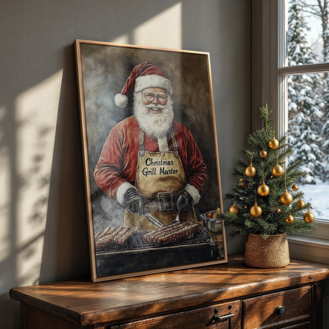 Framed Wall Art: Santa grilling ribs, rustic watercolor style, warm red & brown tones. Perfect Christmas decor!
