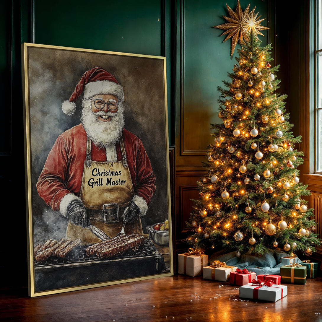 Canvas Print of Santa grilling, watercolor style, warm red and brown tones, perfect Christmas decor.