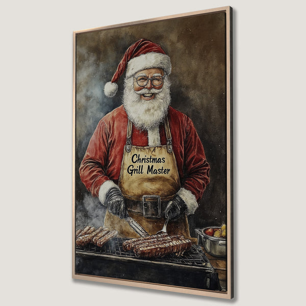 Framed Wall Art of Santa grilling. Watercolor-style painting with warm red, brown, and beige tones. Perfect Christmas decor for the grill master!
