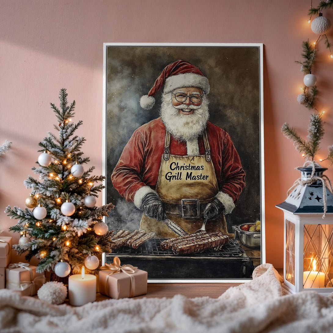 Framed Wall Art: Santa Claus grilling, vintage style, warm red and brown tones. Perfect Christmas decor! Shop our festive Canvas Prints today.
