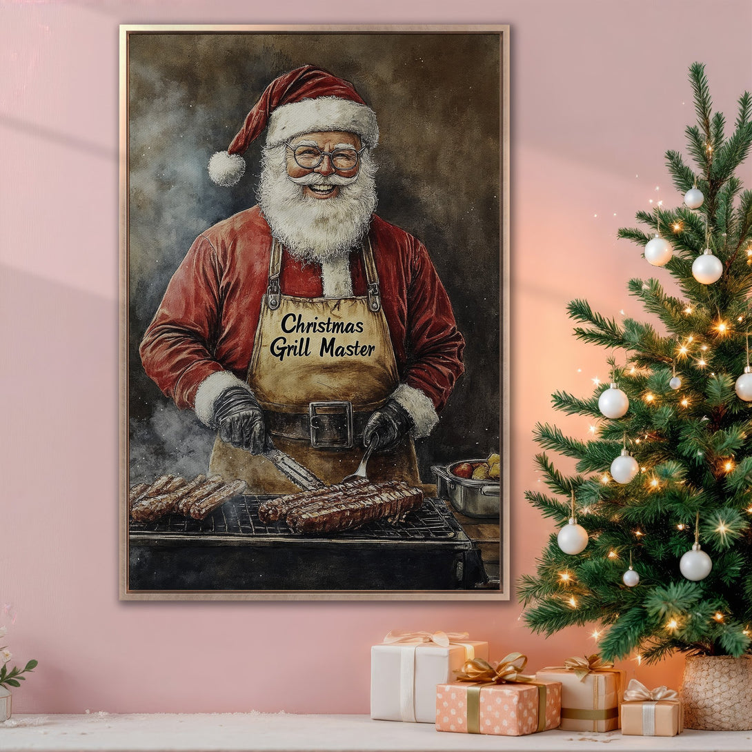 Framed Wall Art: Santa grilling, watercolor style, red & brown palette. Festive Christmas decor for your home. Perfect holiday gift!