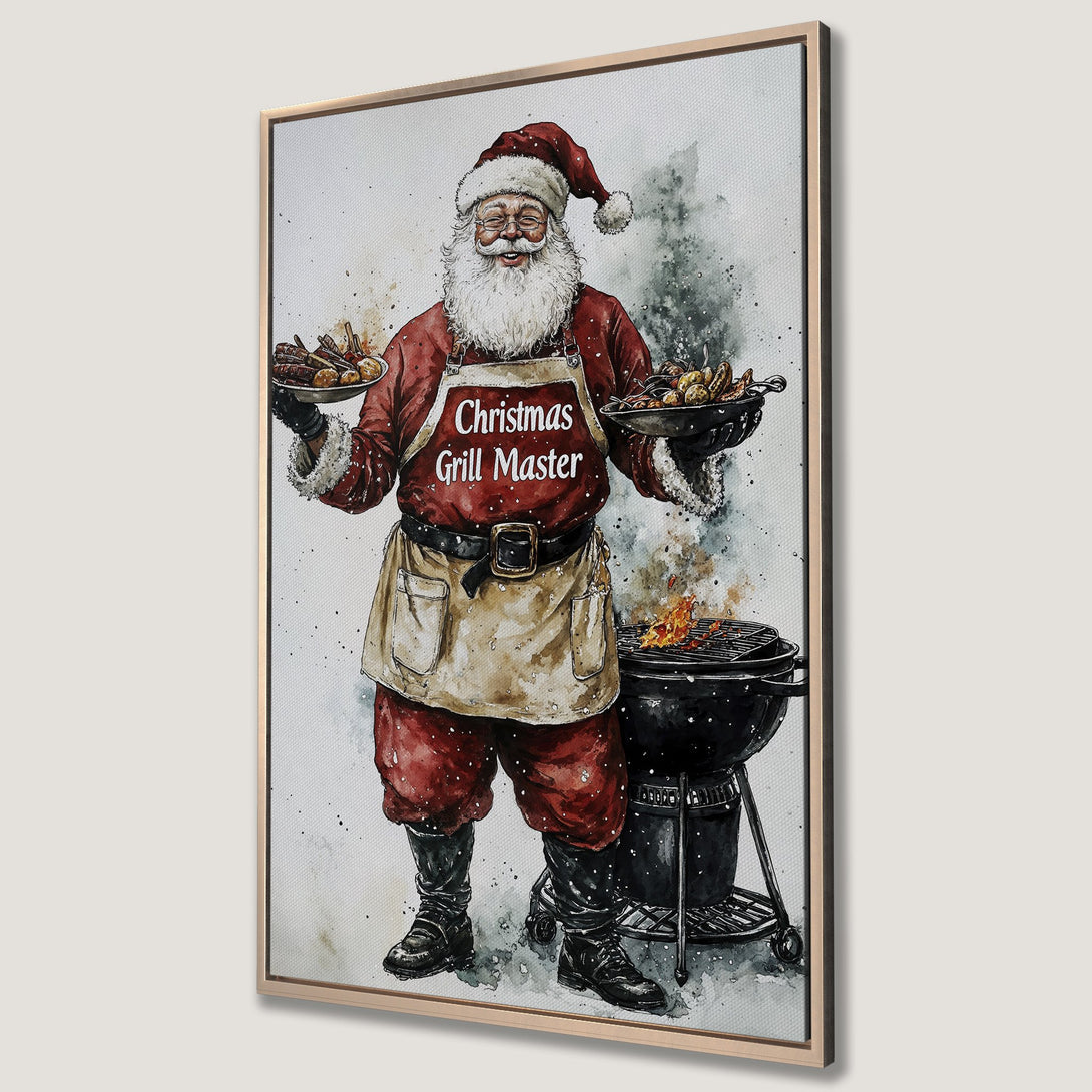 Framed Wall Art: Santa grilling! Watercolor style Canvas Print in red, white, and black. Festive Christmas decor for your kitchen or dining room.