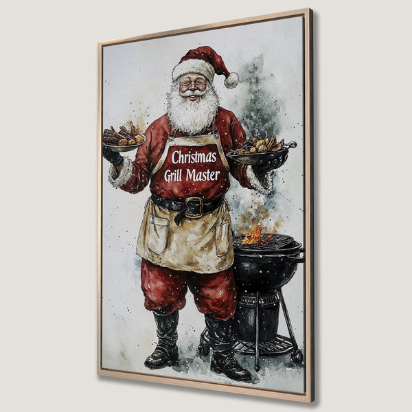 Framed Wall Art: Santa grilling! Watercolor style Canvas Print in red, white, and black. Festive Christmas decor for your kitchen or dining room.
