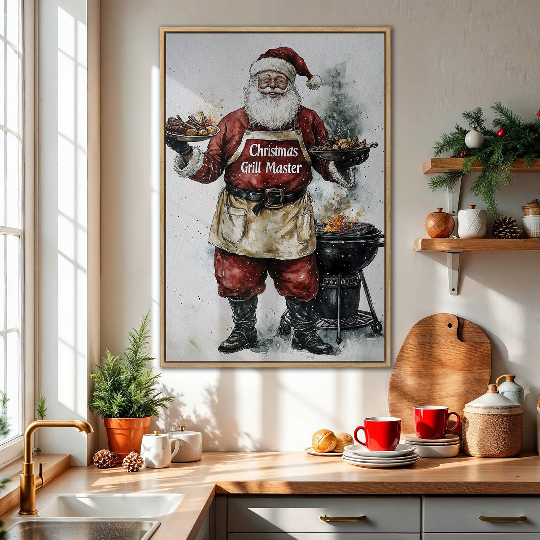 Framed Wall Art: Watercolor Santa grilling, red and white palette. Festive kitchen decor. Perfect Christmas gift!
