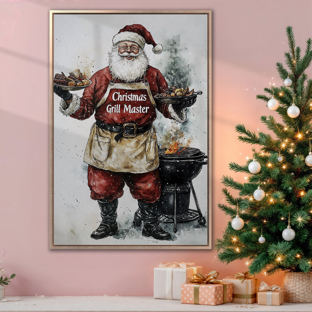 Framed Wall Art: Watercolor Santa grilling, festive Christmas decor. Red, white, and black color palette. Perfect for holiday home accents.