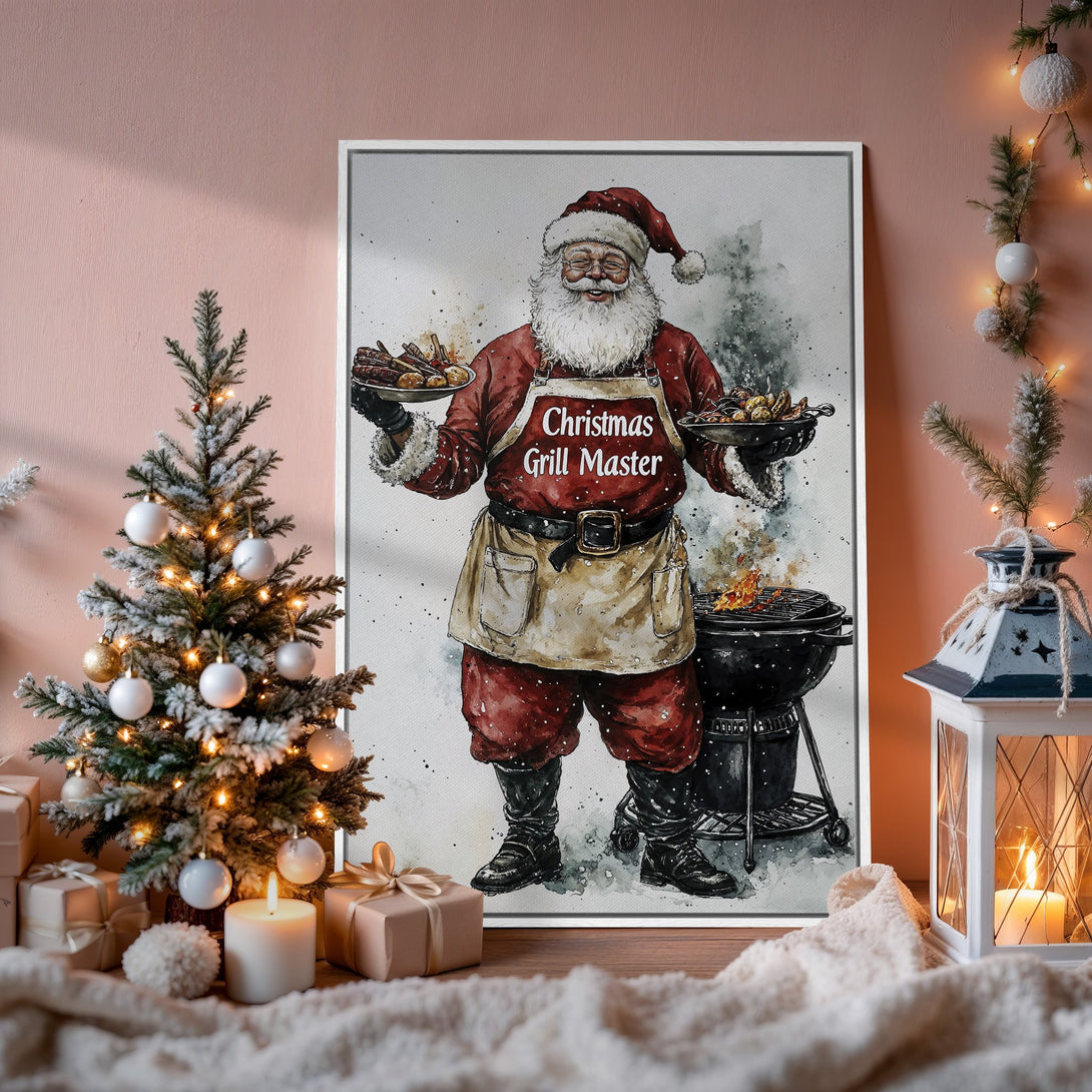 Framed Wall Art featuring Santa as a Christmas Grill Master, watercolor style, red & white color palette. Perfect holiday decor!