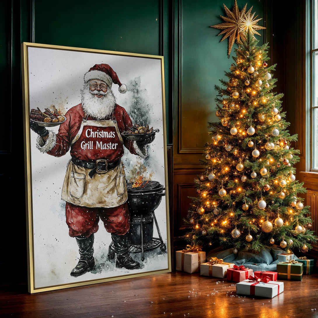 Canvas Print featuring Santa as a "Christmas Grill Master" in watercolor style. Festive red and white color palette, perfect for holiday decor.