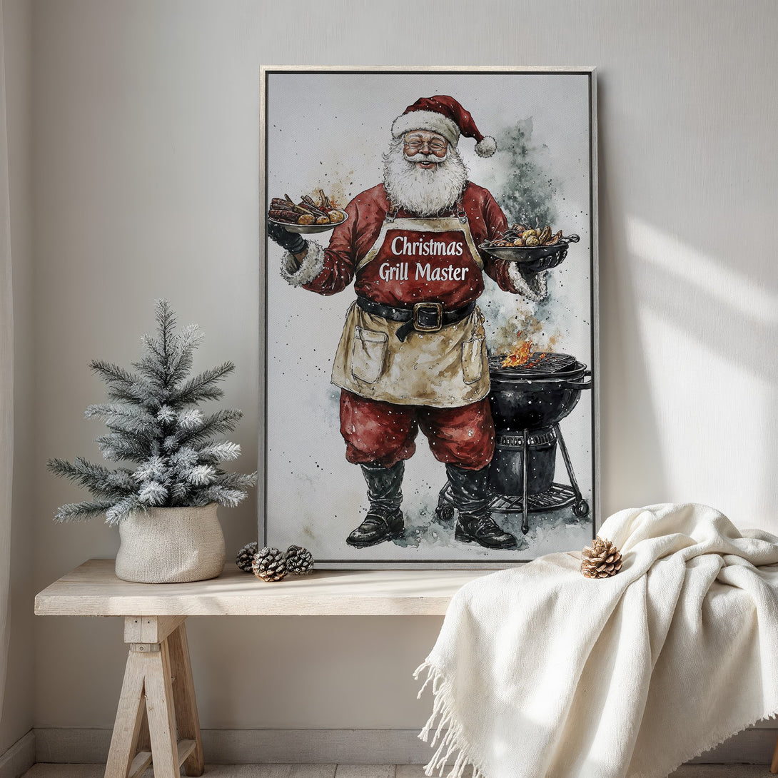 Framed Wall Art featuring Santa as a "Christmas Grill Master" in watercolor style. Festive red, white, and black color palette. Perfect holiday decor!