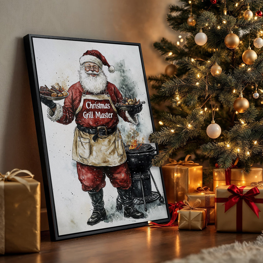Framed Wall Art: Watercolor Santa grilling, festive Christmas decor. Red, gold, and black color palette. Perfect holiday gift!