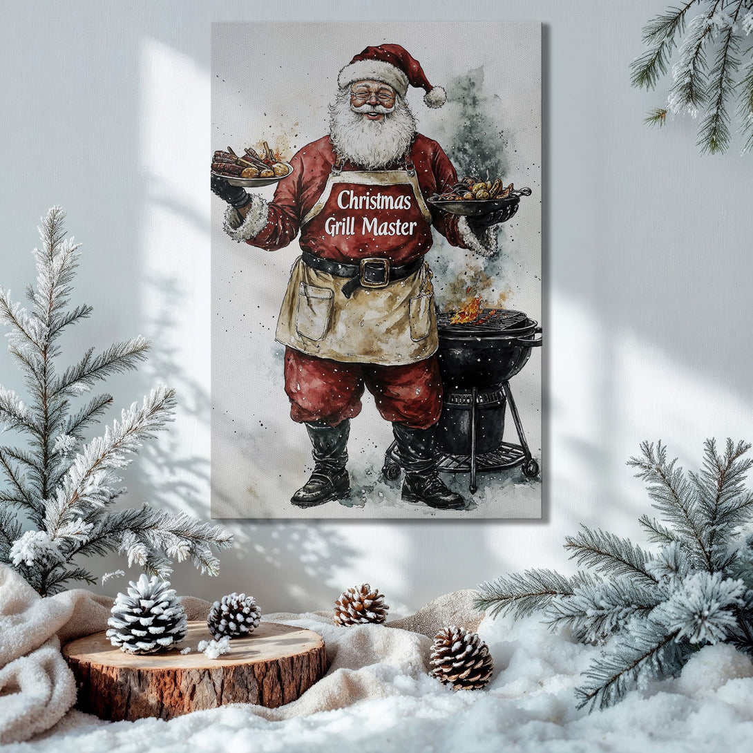 Framed Wall Art: "Christmas Grill Master" Santa watercolor art in a festive interior with a Christmas tree, warm colors. Perfect holiday decor!