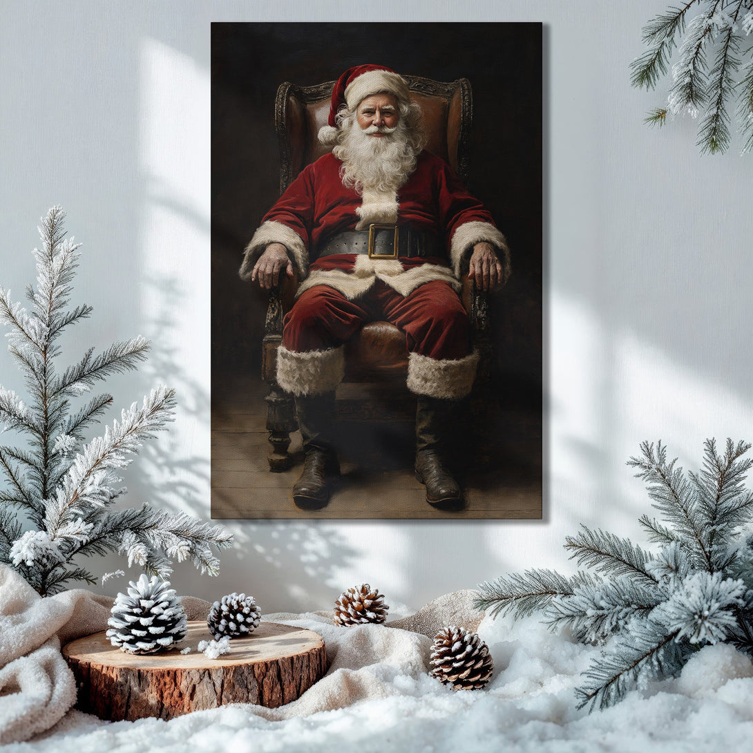 Framed Wall Art: Classic Santa Claus portrait. Warm, festive color palette with red, gold, and green. Perfect Christmas decor for a cozy interior.