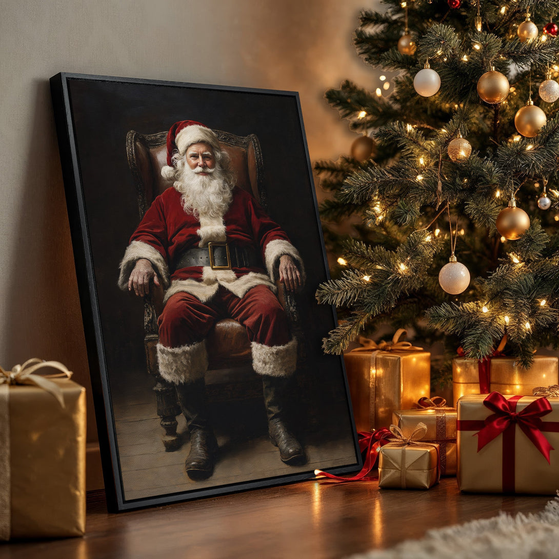 Framed Wall Art featuring Santa Claus in a classic painting style. Warm red and gold Christmas decor. Perfect holiday gift!