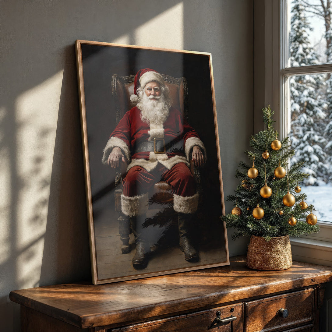 Framed Wall Art featuring Santa Claus in rich red and brown tones. Classic portrait style adds festive charm to any space. Perfect Christmas decor!