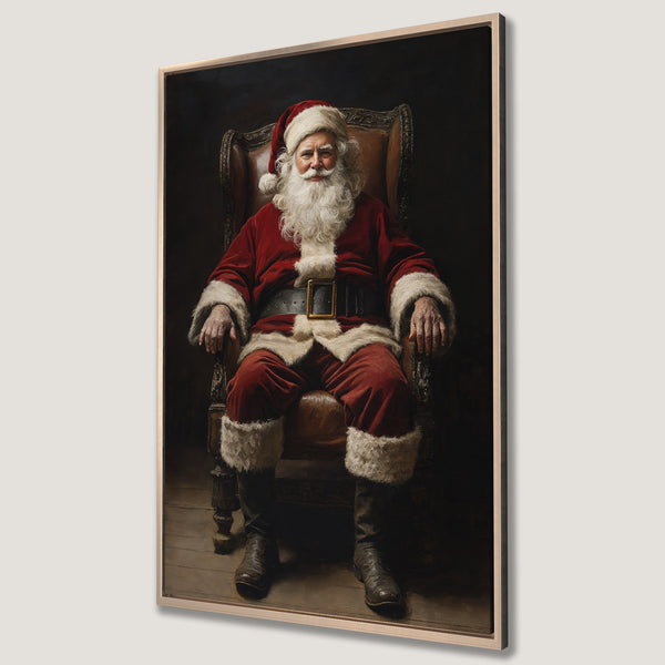 Framed Wall Art of Santa Claus in a classic style, rich red and brown tones. Perfect Christmas decor! Add holiday cheer with this beautiful canvas print.