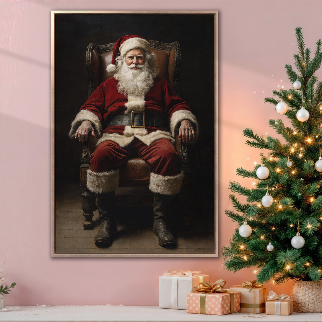 Framed Wall Art featuring Santa Claus in a classic style, rich red and brown tones. Perfect Christmas decor!