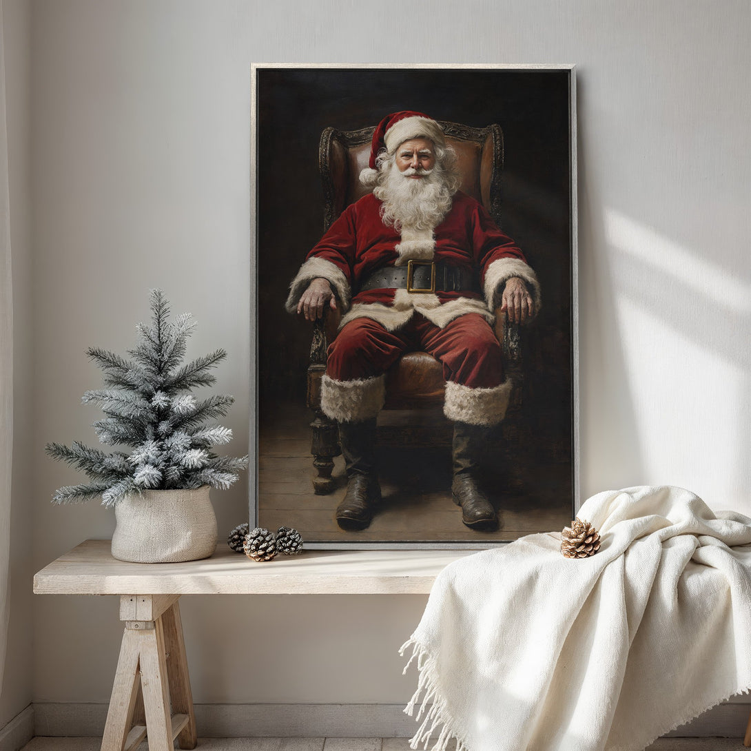 Framed Wall Art featuring Santa Claus portrait in rich red and brown tones. Classic style canvas print perfect for Christmas decor.
