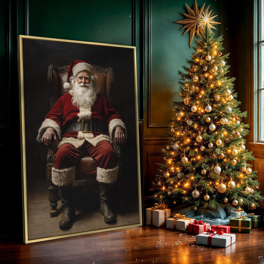 Canvas Print of Santa Claus in a classic style, featuring a red and brown color palette, perfect for holiday decor.