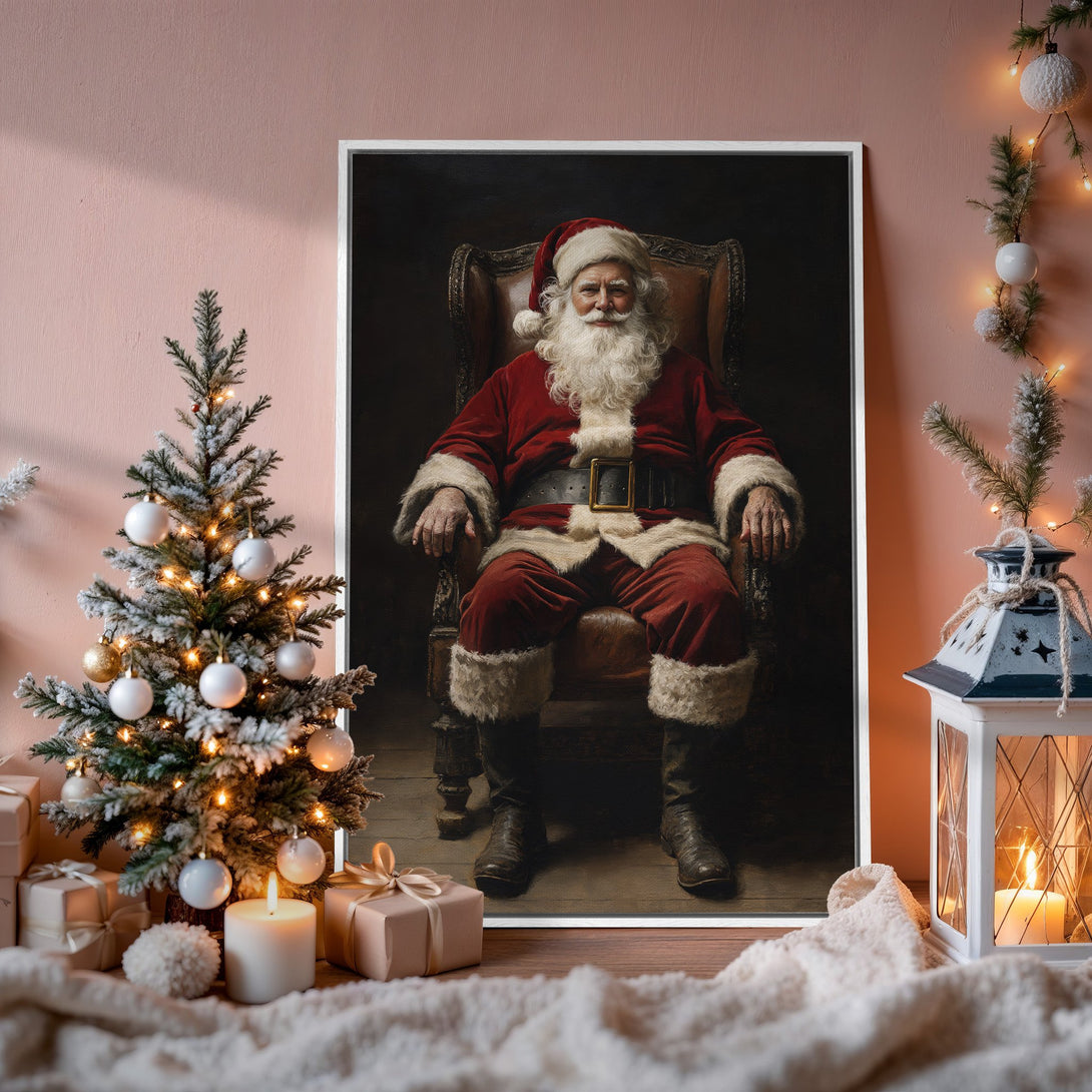 Framed Wall Art of Santa Claus in a classic style, featuring a red and neutral color palette. Perfect Christmas decor for your home!