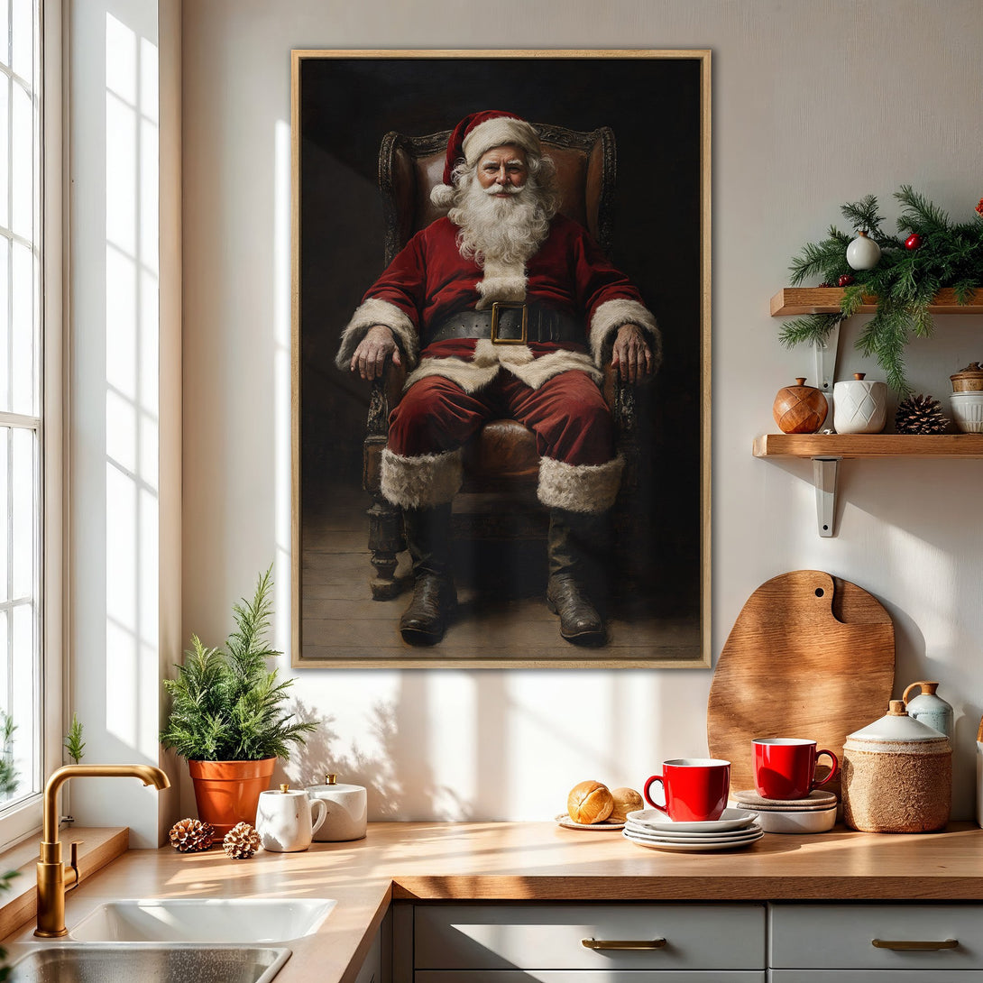 Framed Wall Art of Santa Claus in a classic style, featuring a rich red and brown color palette. Perfect holiday decor!