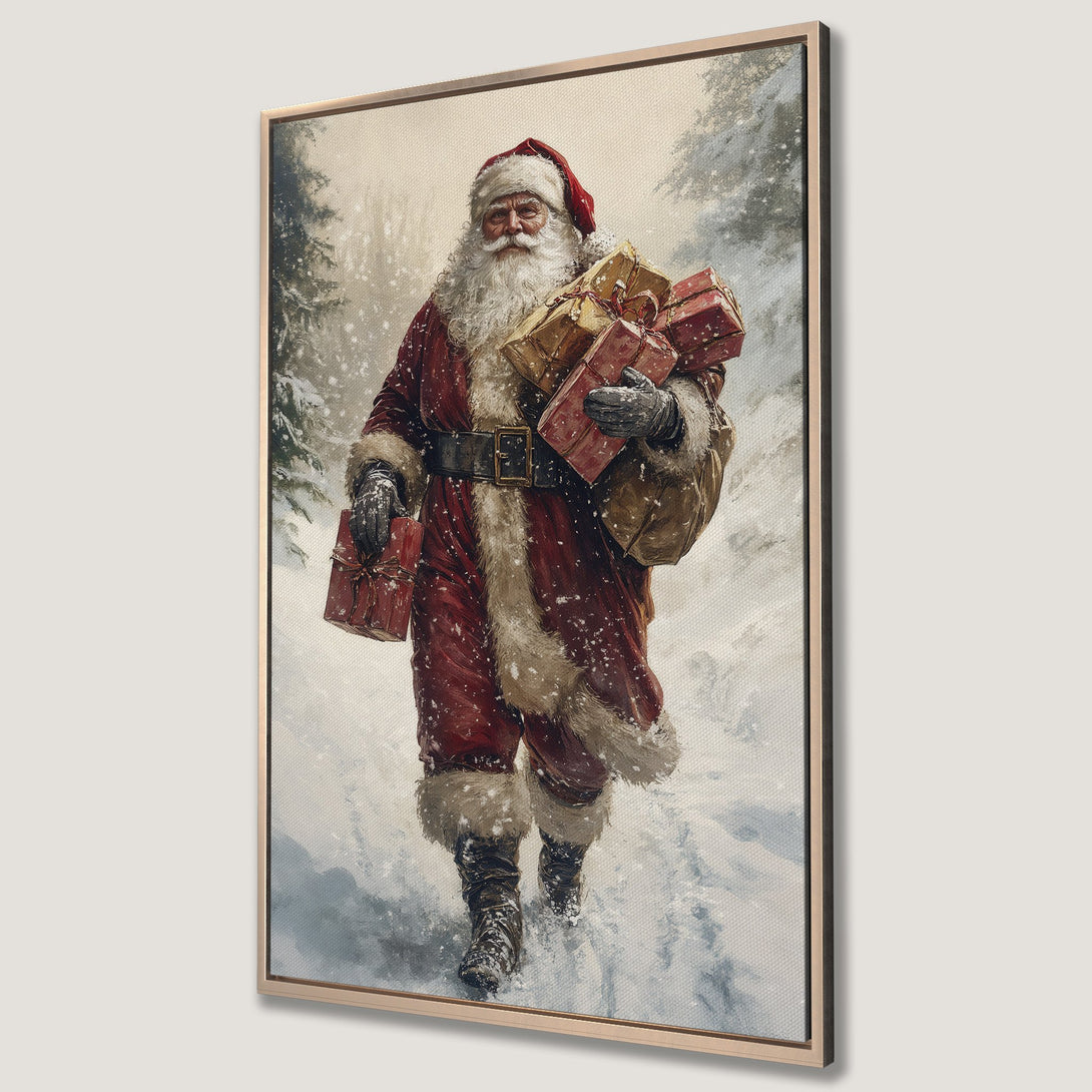 Framed Wall Art: Santa Claus in a snowy forest, vintage style. Red, white, and gold color palette. Perfect Christmas decor!