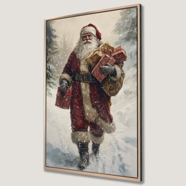 Framed Wall Art: Santa Claus in a snowy forest, vintage style. Red, white, and gold color palette. Perfect Christmas decor!