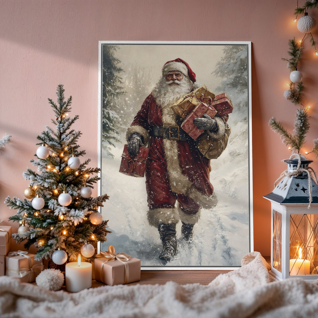 Framed Wall Art featuring Santa Claus in a snowy scene. Classic style with a warm, festive color palette of reds, whites, and greens, perfect for holiday decor.