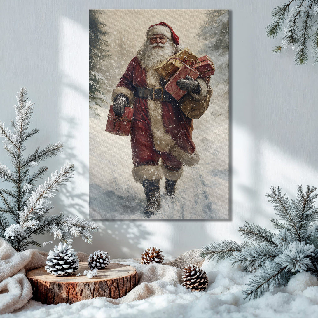 Framed Wall Art featuring Santa Claus in a snowy scene. Classic style, warm red and gold palette. Perfect Christmas decor!