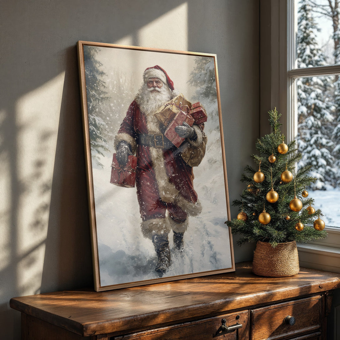 Framed Wall Art: Vintage Santa Claus painting in a snowy scene. Festive red and gold color palette. Perfect Christmas decor.