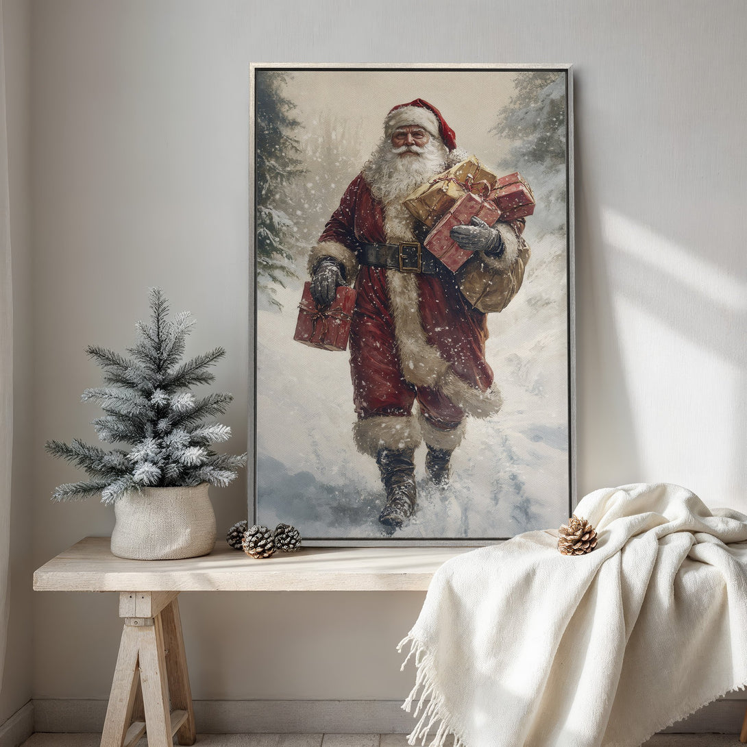 Framed Wall Art: Vintage Santa Claus Canvas Print in a snowy scene, featuring a warm red and neutral color palette. Perfect Christmas decor!
