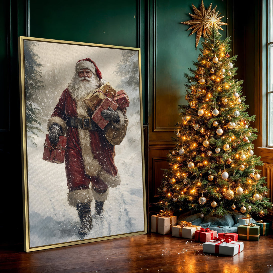 Canvas Print of Santa Claus in a snowy forest, vintage style, featuring a red, brown, and white color palette. Perfect Christmas decor!
