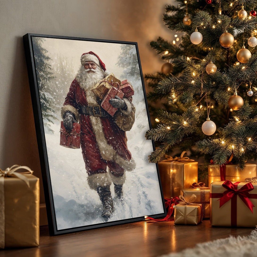 Framed Wall Art featuring Santa Claus in a snowy scene, classic Christmas decor. Warm red, gold, and white palette. Perfect holiday gift!