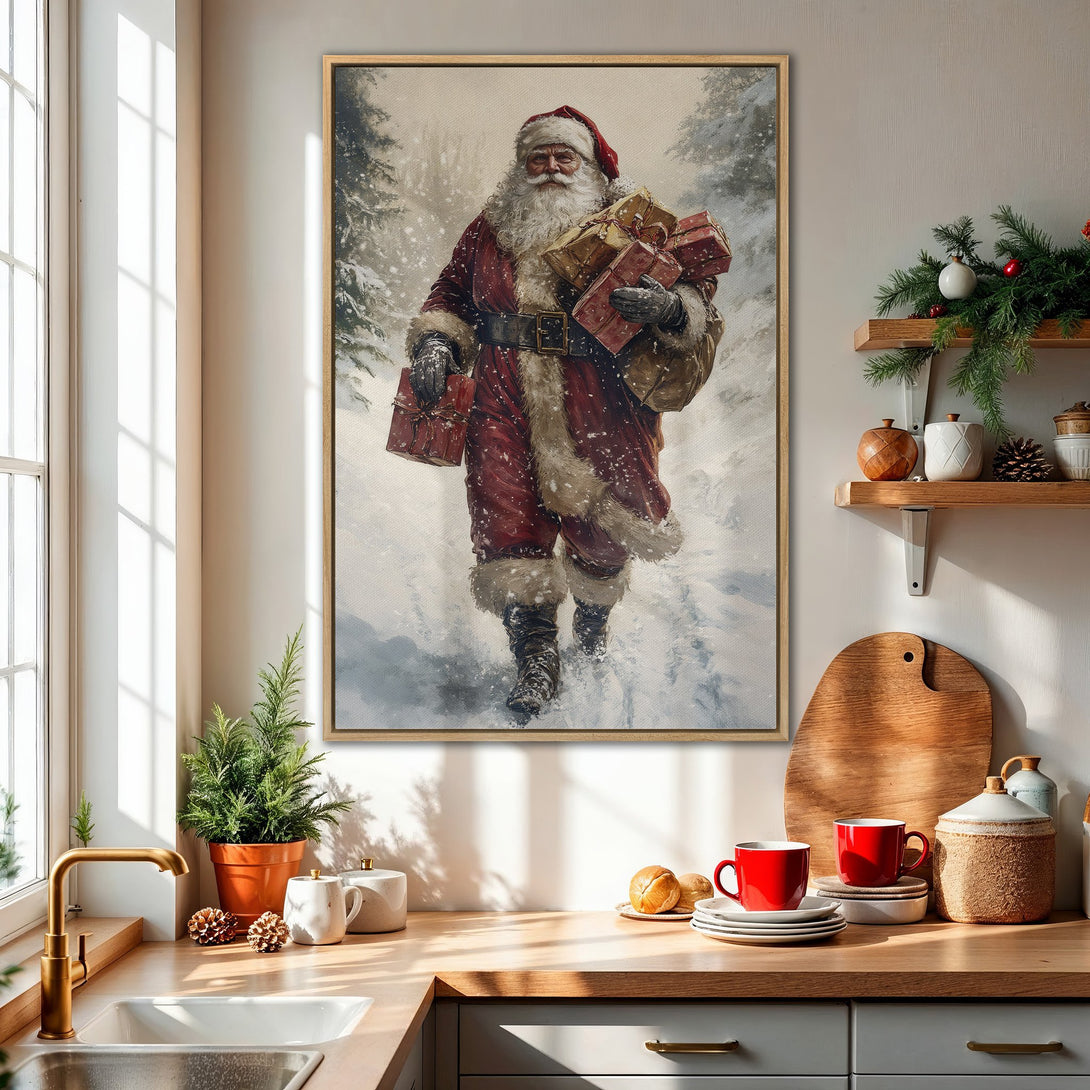 Framed Wall Art: Santa Claus painting in a snowy forest. Festive red & white palette, perfect for Christmas decor. Adds warmth & charm to any space.