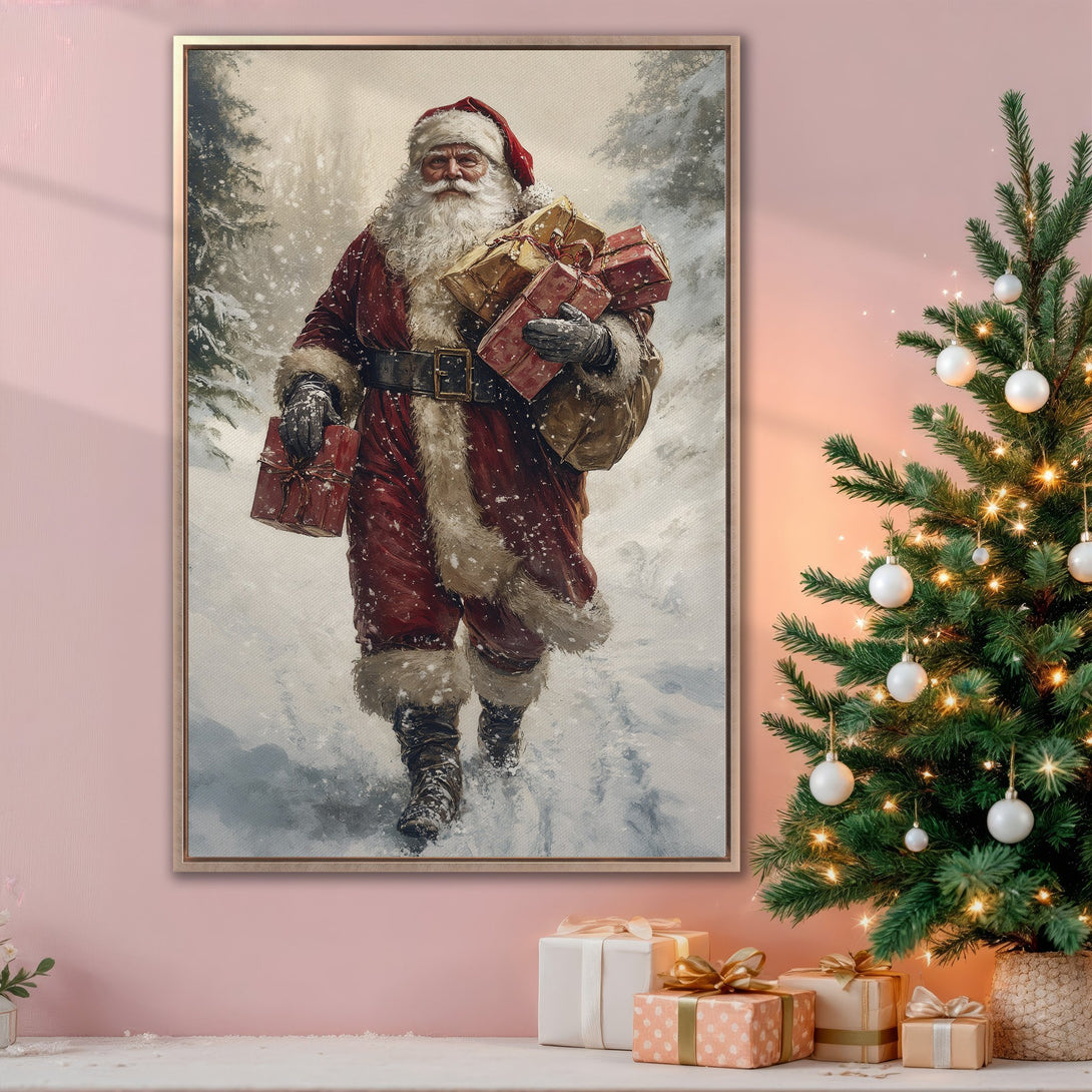 Framed Wall Art: Classic Santa Claus Canvas Print with a warm, vintage style and a red and gold color palette, perfect for festive holiday decor.