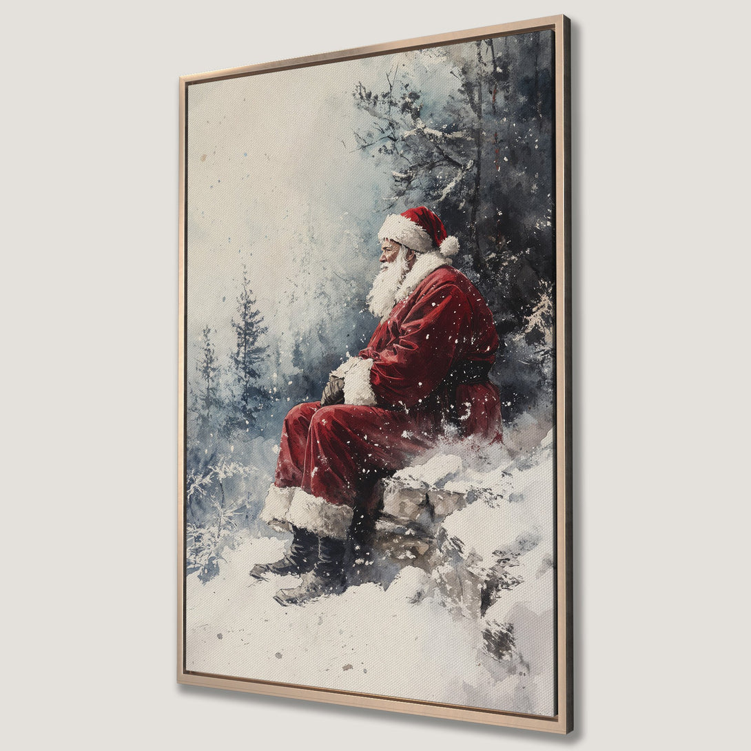 Framed Wall Art featuring Santa Claus in a winter scene. Watercolor style with red, white, and blue hues. Perfect Christmas decor for your home.
